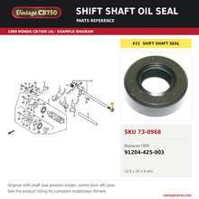 Load image into Gallery viewer, Shift shaft oil seal, SKU 73-0968: product photo and 1980 Honda CB750K (A) Gearshift Drum fiche with the part location highlighted. Example diagram; check listing for fitment.