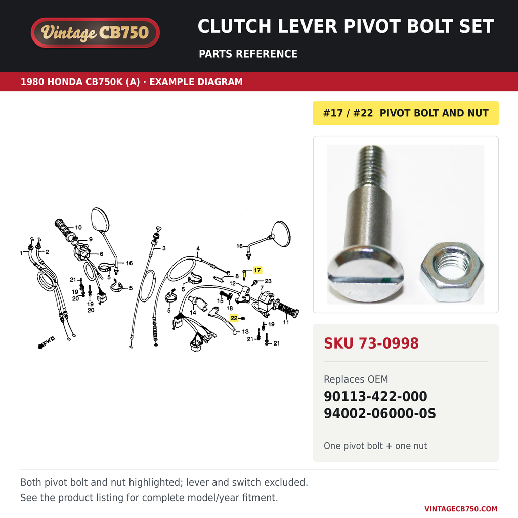 Clutch lever pivot bolt set, SKU 73-0998: product photo and 1980 Honda CB750K (A) Handle Lever / Cable / Mirror fiche with the part location highlighted. Example diagram; check listing for fitment.