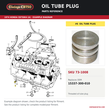 Charger l'image dans la galerie, Oil tube plug, SKU 73-1008: product photo and 1974 Honda CB750K4 (A) Crankcase fiche with the part location highlighted. Example diagram; check listing for fitment.