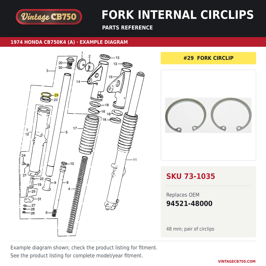 Fork internal circlips, SKU 73-1035: product photo and 1974 Honda CB750K4 (A) Front Fork fiche with the part location highlighted. Example diagram; check listing for fitment.