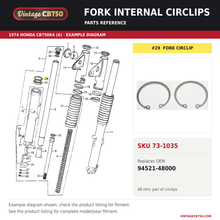 Load image into Gallery viewer, Fork internal circlips, SKU 73-1035: product photo and 1974 Honda CB750K4 (A) Front Fork fiche with the part location highlighted. Example diagram; check listing for fitment.