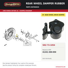 Load image into Gallery viewer, Rear wheel damper rubber, SKU 73-1054: product photo and 1980 Honda CB750K (A) Rear Wheel fiche with the part location highlighted. Example diagram; check listing for fitment.