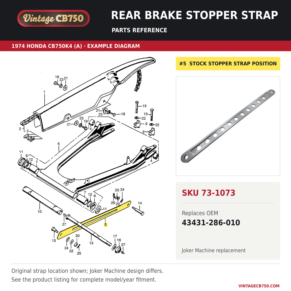 Rear brake stopper strap, SKU 73-1073: product photo and reviewed parts fiche. Example diagram; check listing for fitment.