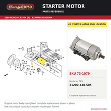 Load image into Gallery viewer, Starter motor, SKU 73-1079: product photo and reviewed parts fiche. Example diagram; check listing for fitment.