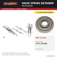 Load image into Gallery viewer, Valve spring retainer, SKU 73-1124: product photo and 1980 Honda CB750K (A) Camshaft / Valve fiche with the part location highlighted. Example diagram; check listing for fitment.