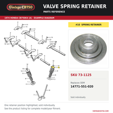 Load image into Gallery viewer, Valve spring retainer, SKU 73-1125: product photo and 1974 Honda CB750K4 (A) Valve / Rocker arm fiche with the part location highlighted. Example diagram; check listing for fitment.