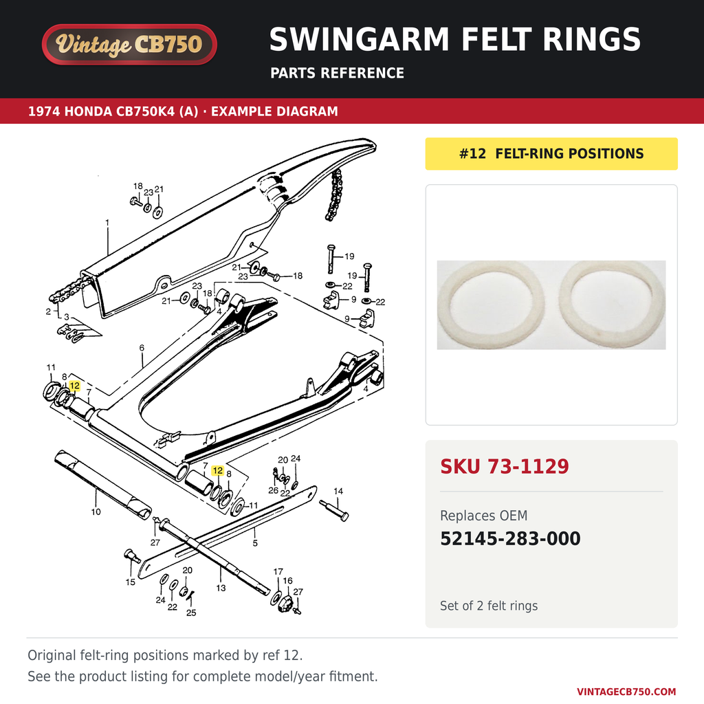 Swingarm felt rings, SKU 73-1129: product photo and reviewed parts fiche. Example diagram; check listing for fitment.