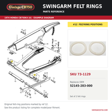 Load image into Gallery viewer, Swingarm felt rings, SKU 73-1129: product photo and reviewed parts fiche. Example diagram; check listing for fitment.