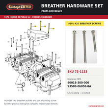 Load image into Gallery viewer, Breather hardware set, SKU 73-1133: product photo and 1974 Honda CB750K4 (A) Cylinder Head Cover fiche with the part location highlighted. Example diagram; check listing for fitment.