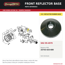 Load image into Gallery viewer, Front reflector base, SKU 99-4979: product photo and 1980 Honda CB750K (A) Headlight fiche with the part location highlighted. Example diagram; check listing for fitment.