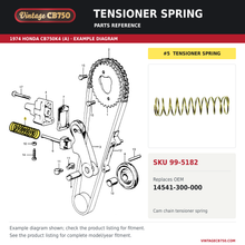 Load image into Gallery viewer, Tensioner spring, SKU 99-5182: product photo and 1974 Honda CB750K4 (A) Cam Chain / Tensioner fiche with the part location highlighted. Example diagram; check listing for fitment.
