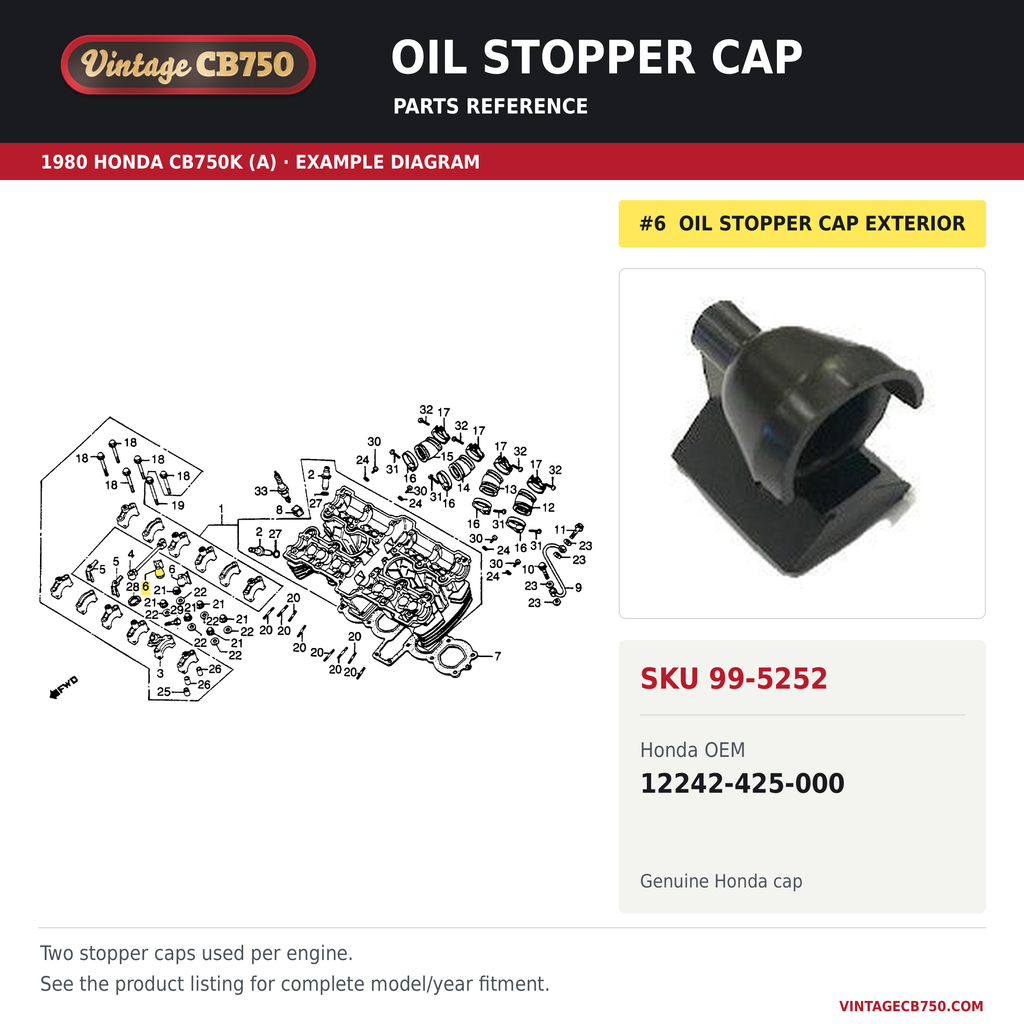 Honda CB1100 / CB1000 / CB900 / CB750 Oil Stopper Cap ~ Replaces 12242-425-000, SKU 99-5252: product photo and reviewed parts fiche. Example diagram; check listing for fitment.