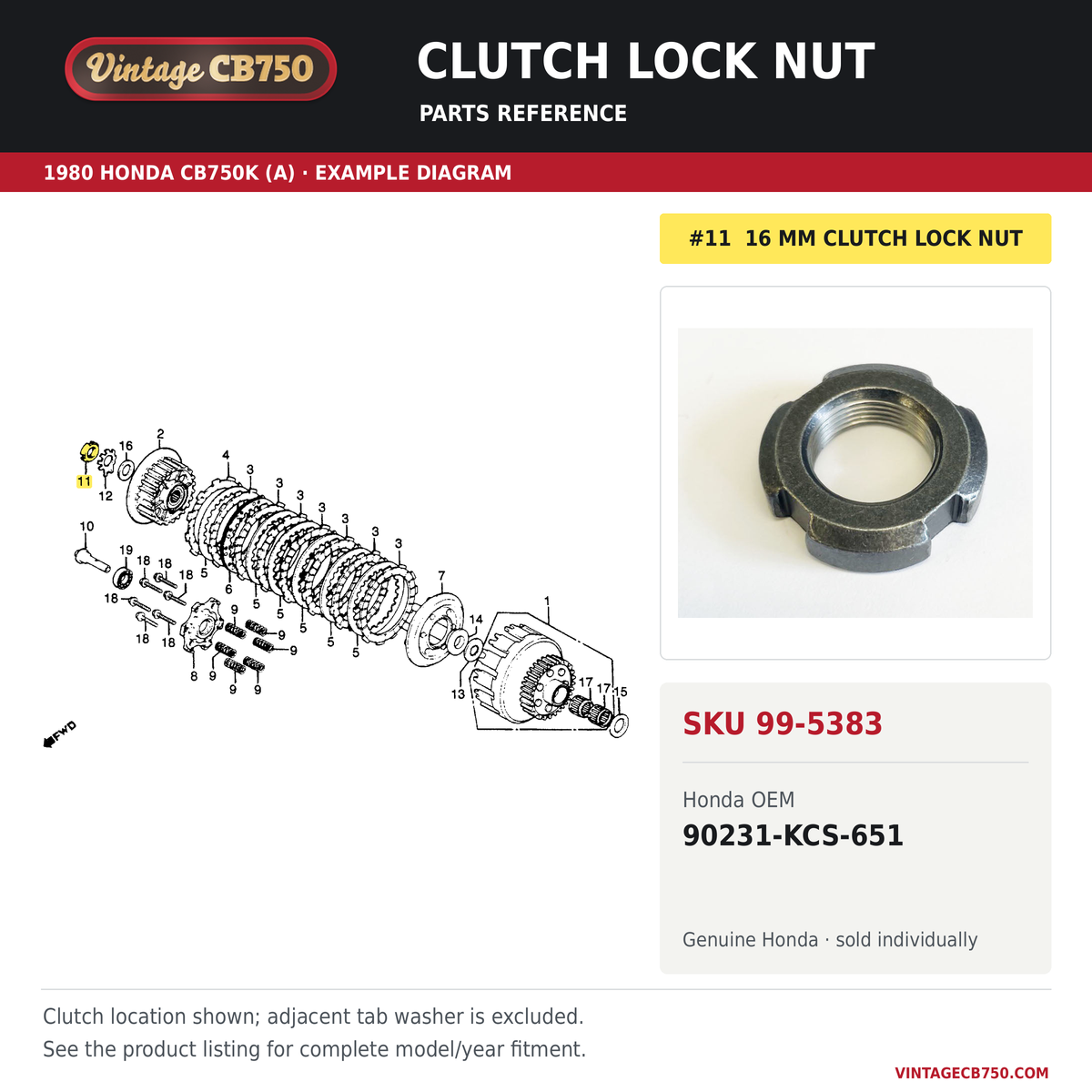 Clutch lock nut, SKU 99-5383: product photo and reviewed parts fiche. Example diagram; check listing for fitment.