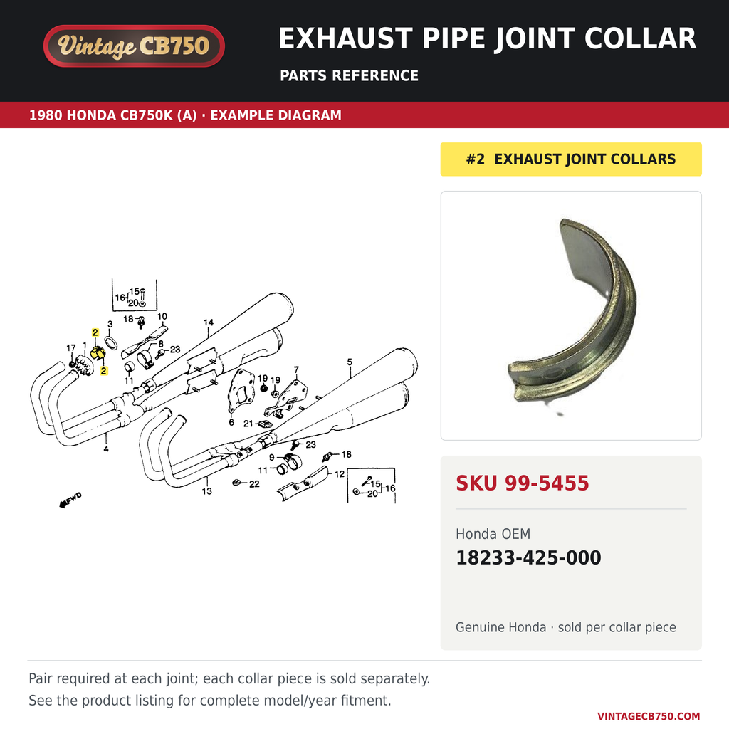 Honda CB1100 / CB1000 / CB900 / CB750 Genuine Honda Exhaust Pipe Joint Collar ~ OEM 18233-425-000, SKU 99-5455: product photo and reviewed parts fiche. Example diagram; check listing for fitment.