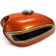 Load image into Gallery viewer, Professionally painted orange Honda CB750K 1969–1974 fuel tank with chrome cap, three-quarter view