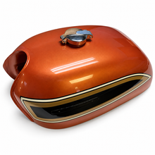 Load image into Gallery viewer, Painted orange CB750K 1969–1974 fuel tank showing the chrome cap and gold, black and cream striping