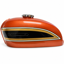 Load image into Gallery viewer, Orange CB750K replacement fuel tank, close side view of striping and emblem mounting holes