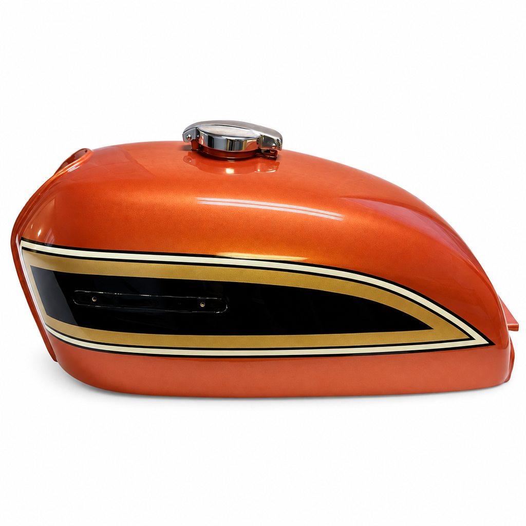 Orange Honda CB750K 1969–1974 gas tank, side profile with emblem mounting recess