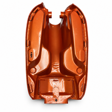Load image into Gallery viewer, Orange CB750K steel fuel tank underside showing mounting points and petcock mounting holes
