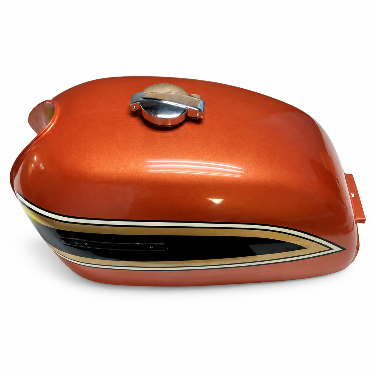 Professionally painted CB750K fuel tank, upper side view with chrome cap and rear mounting tab