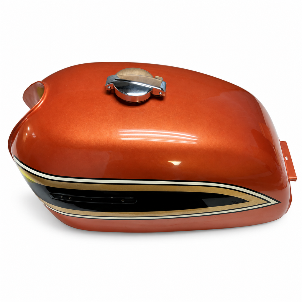 Professionally painted CB750K fuel tank, upper side view with chrome cap and rear mounting tab