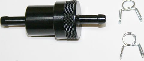 CNC Machined Black Anodized 1/4" Fuel Filter w Clips - VintageCB750