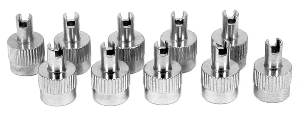 Universal metal tire valve stem caps pack of 10 with valve core removal notch