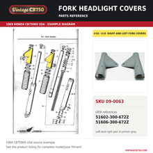 Load image into Gallery viewer, Honda CB750K front fork headlight mounting cover set 51606-300-672Z — OEM fiche location reference