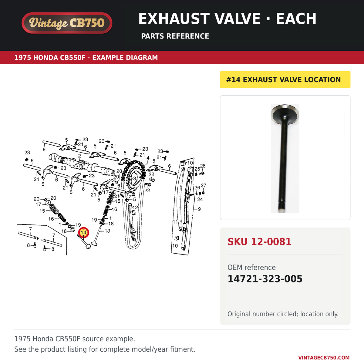 Honda CB550F CB550K CB500K high performance kibblewhite black diamond exhaust valve 14721-323-005 — OEM fiche location reference