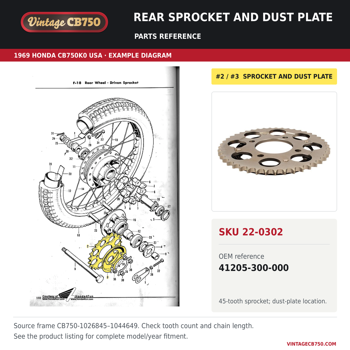 Honda CB750K steel rear sprocket 45 tooth x 530 type 41205-300-000 — OEM fiche location reference