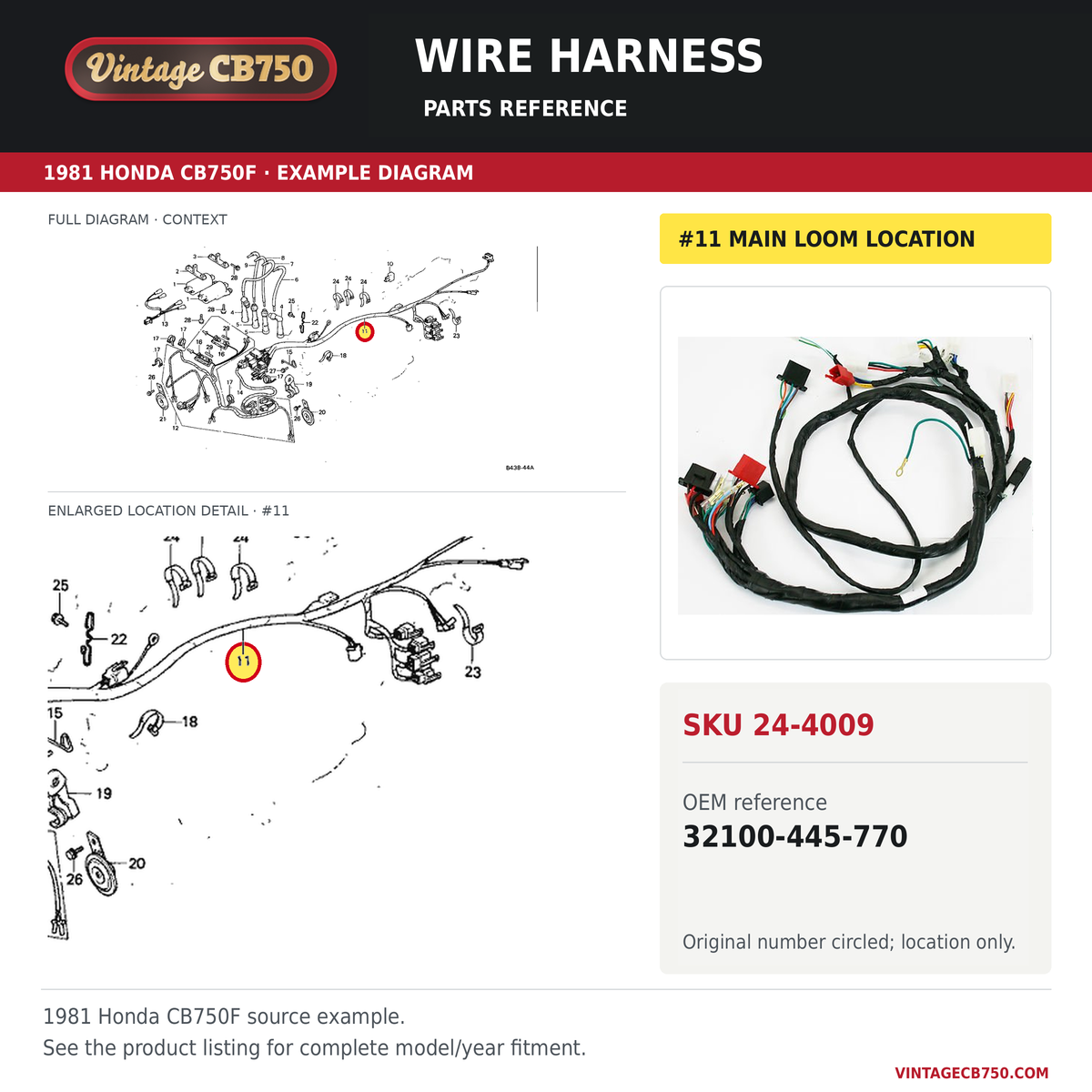 Honda CB750F wire harness 32100-445-770 — OEM fiche location reference