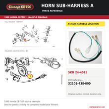 Charger l'image dans la galerie, Honda CB900 CB750 horn sub harness "a" 32101-438-000 — OEM fiche location reference