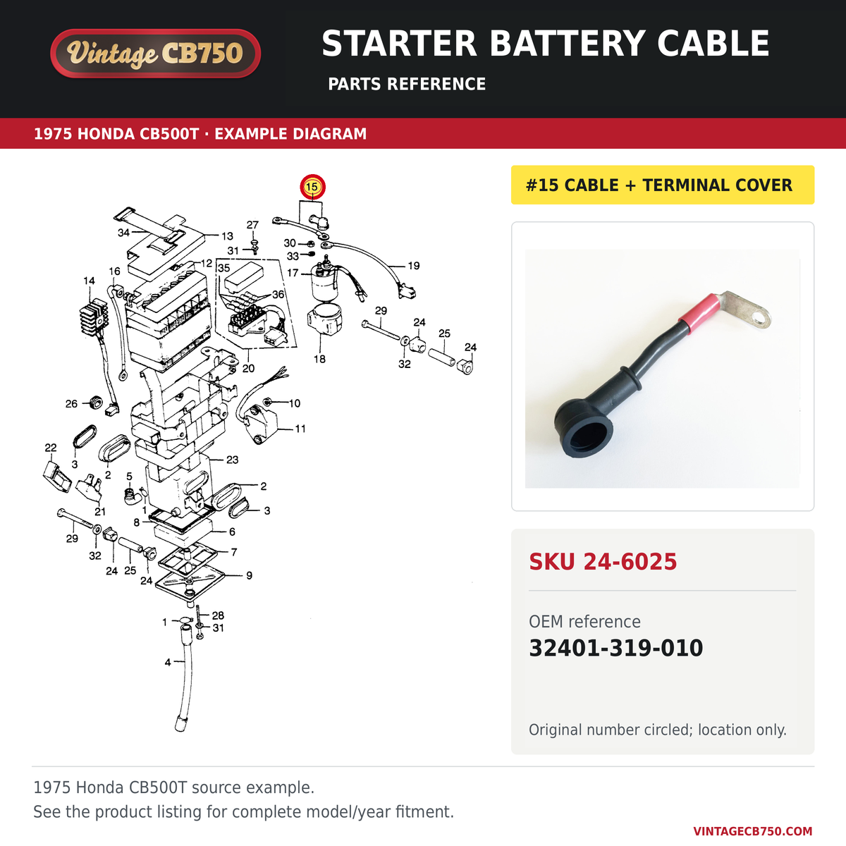Honda CB500T CB450 CB200 CB175 starter battery cable 32401-319-010 — OEM fiche location reference