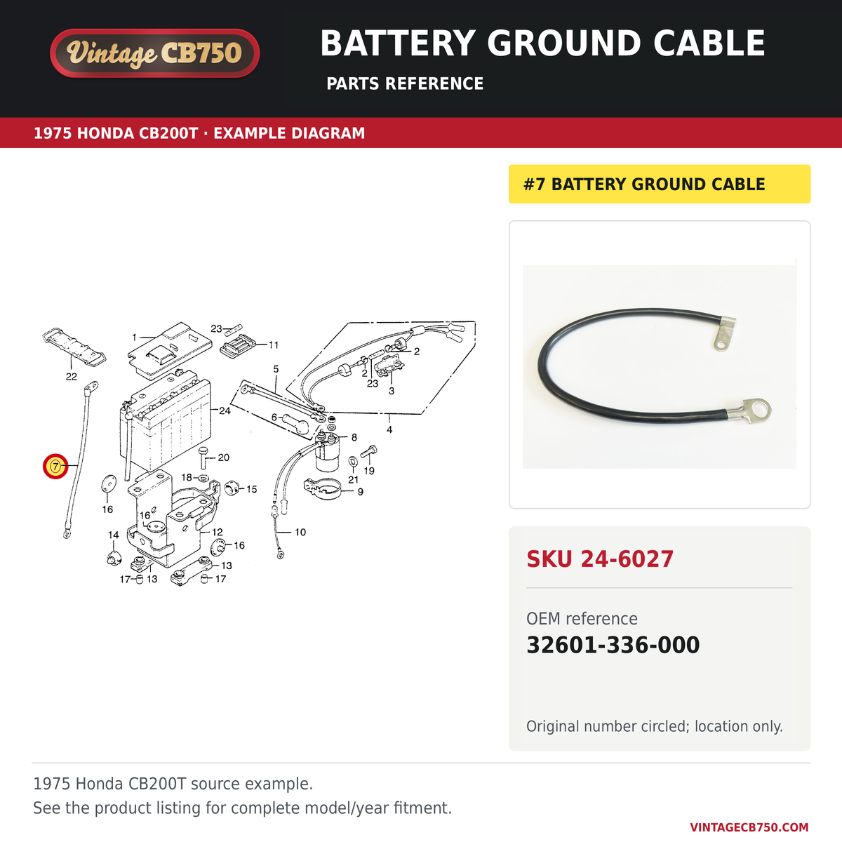 Honda CB200 CB200T battery ground cable 32601-336-000 — OEM fiche location reference