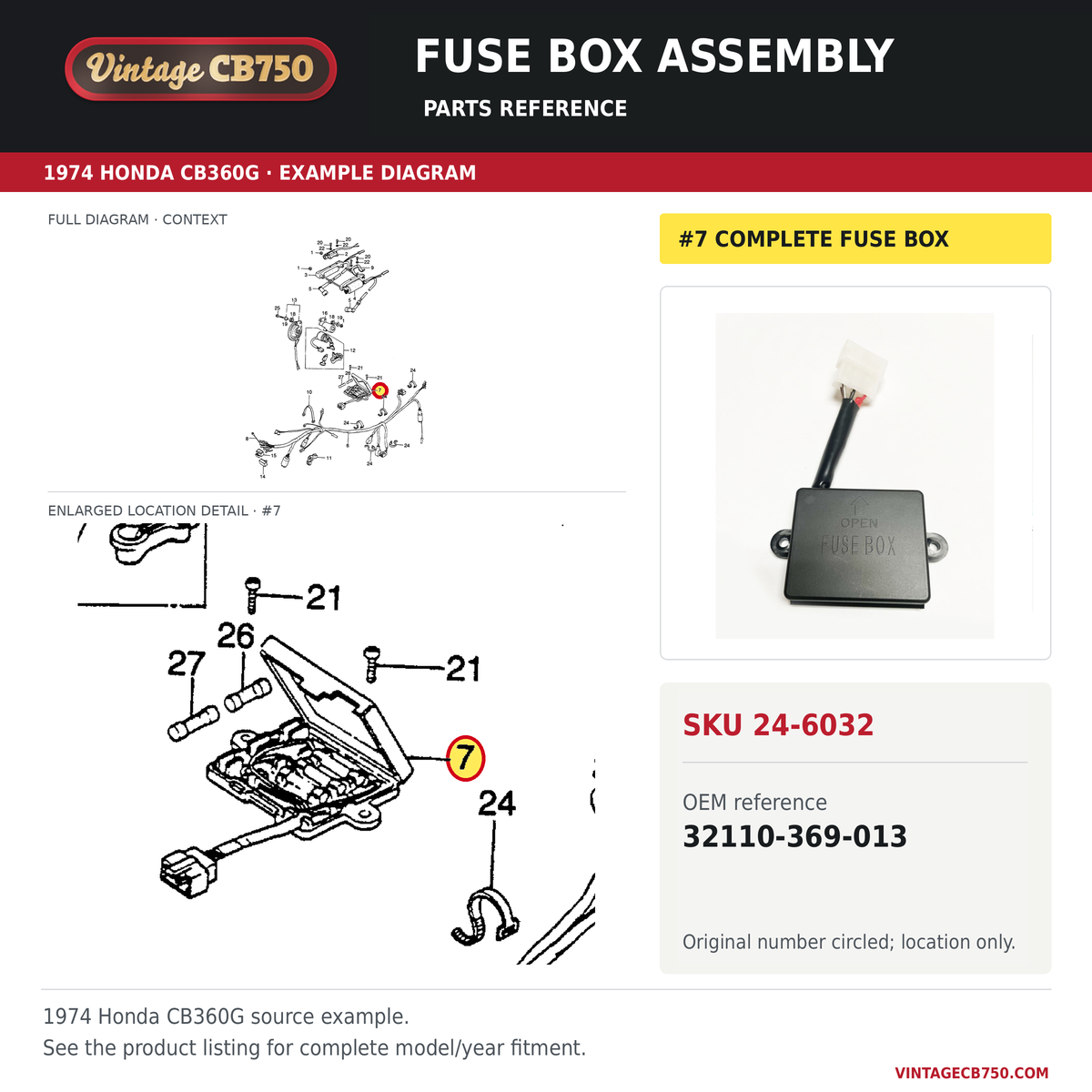 Honda CB360G CB360T fuse box assembly 32110-369-013 — OEM fiche location reference