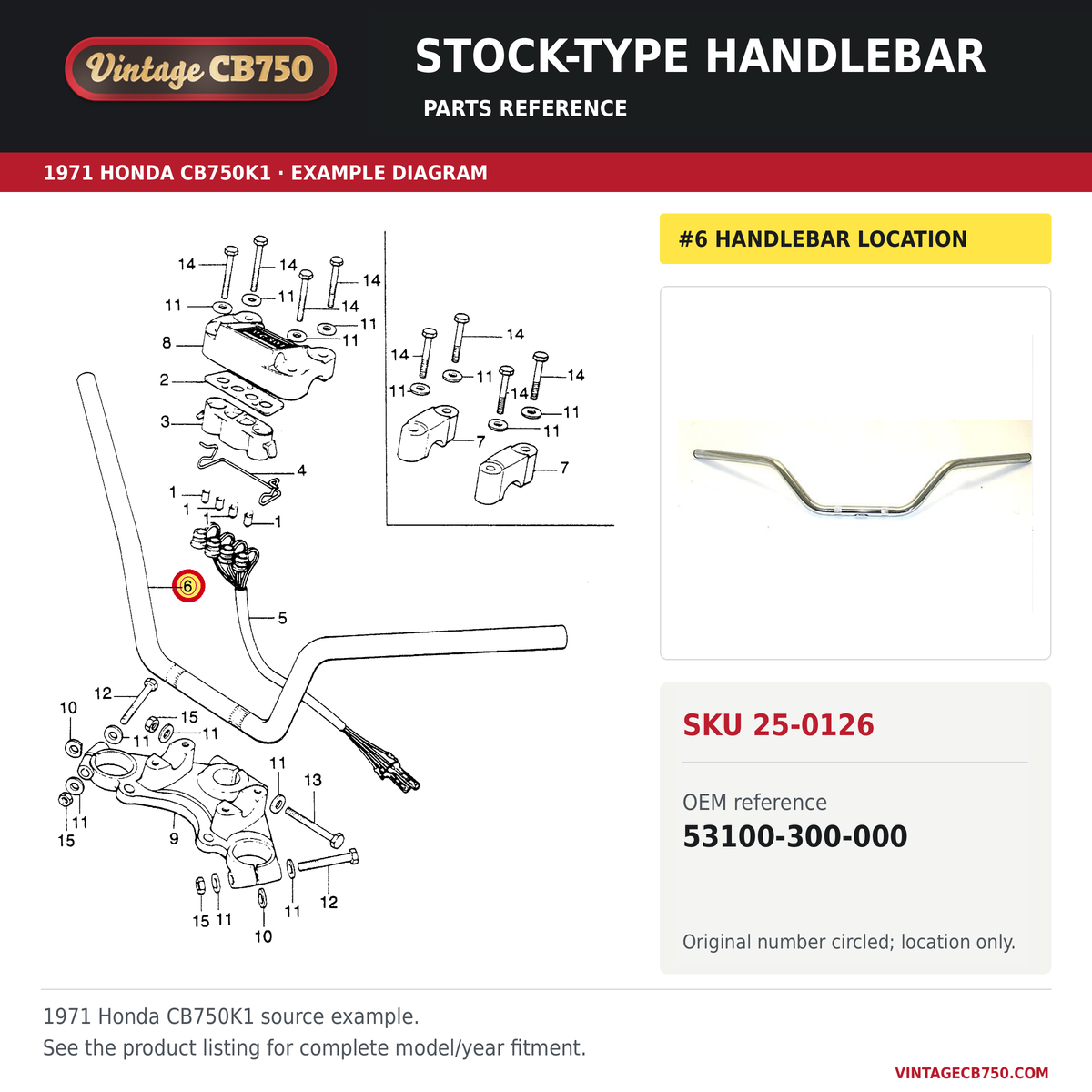 Honda CB750K handlebar stock type CB750K 1969-71 53100-300-000 — OEM fiche location reference
