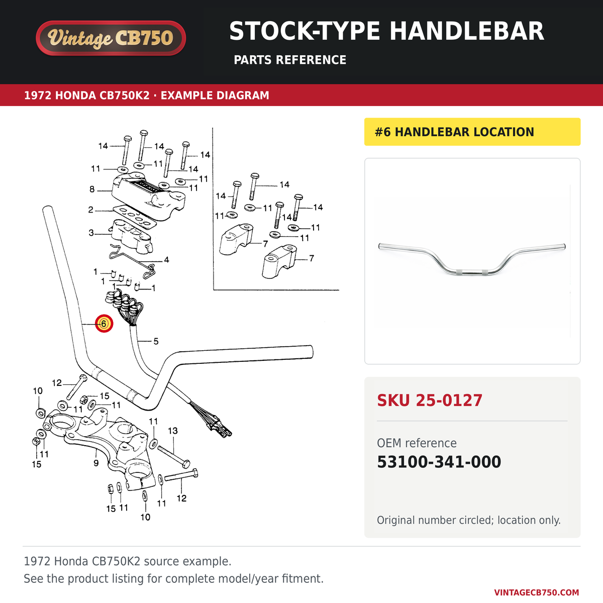 Honda CB750K handlebar stock type CB750K 1972 53100-341-000 — OEM fiche location reference