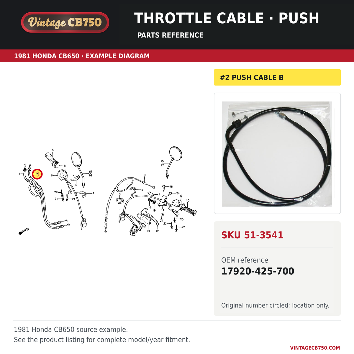 Honda CB650 CB650C throttle cable push 17920-425-700 — OEM fiche location reference