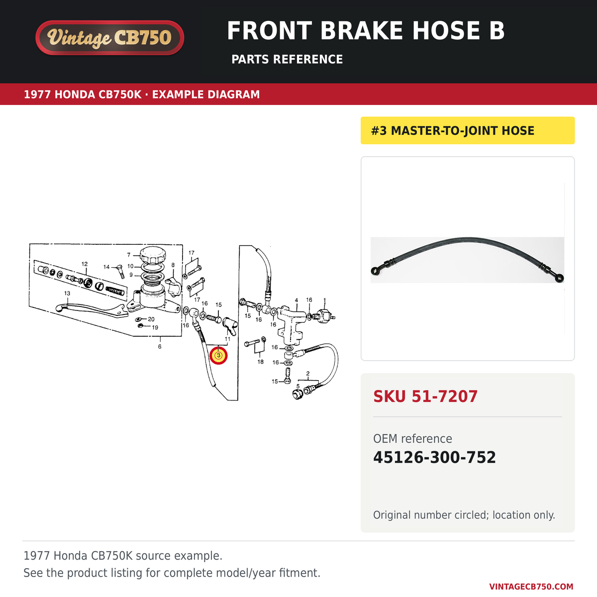 Honda CB750A CB750K front stop hose "b" 45126-300-752 — OEM fiche location reference