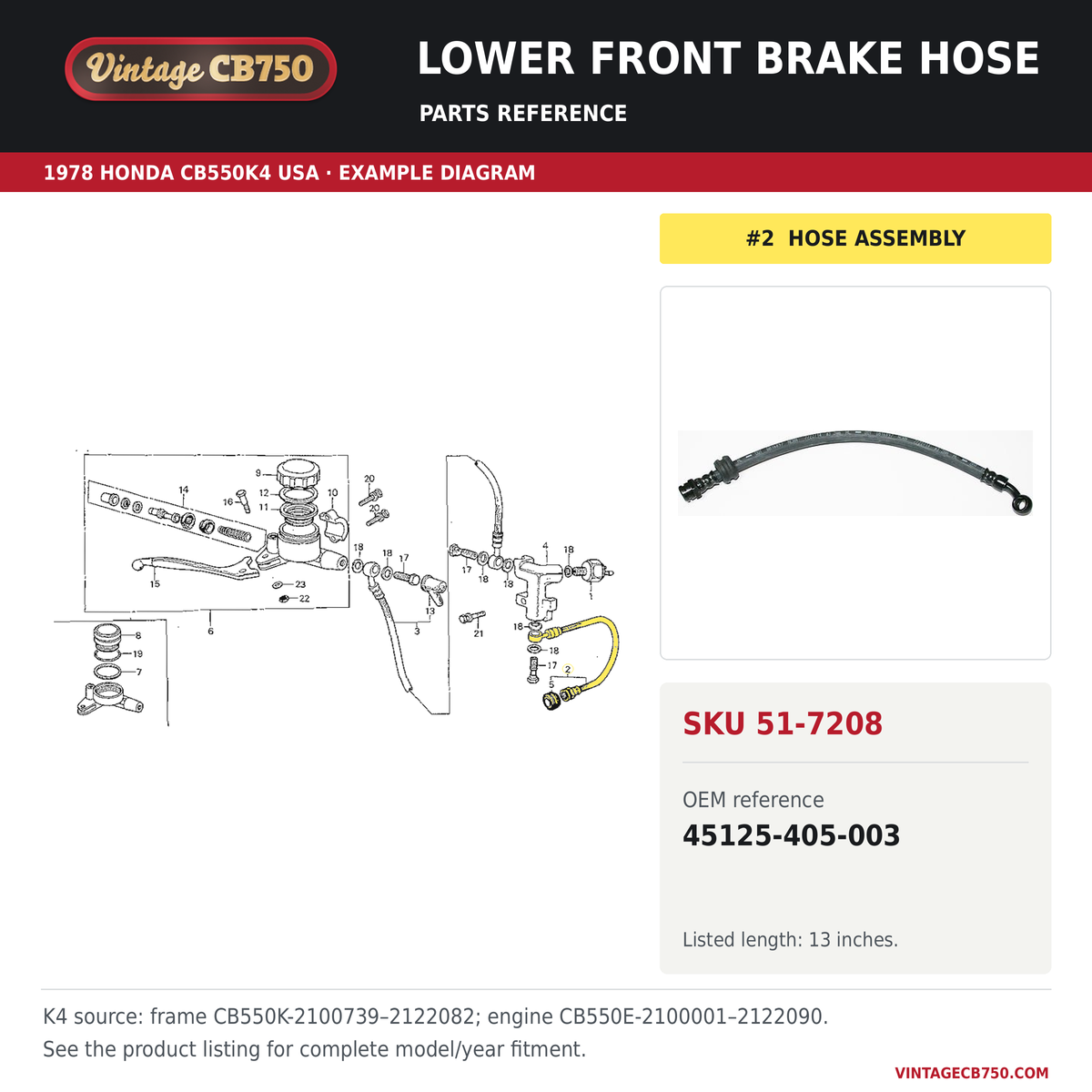 Honda CB750K CB550K front stop hose "a" 45125-405-003 — OEM fiche location reference