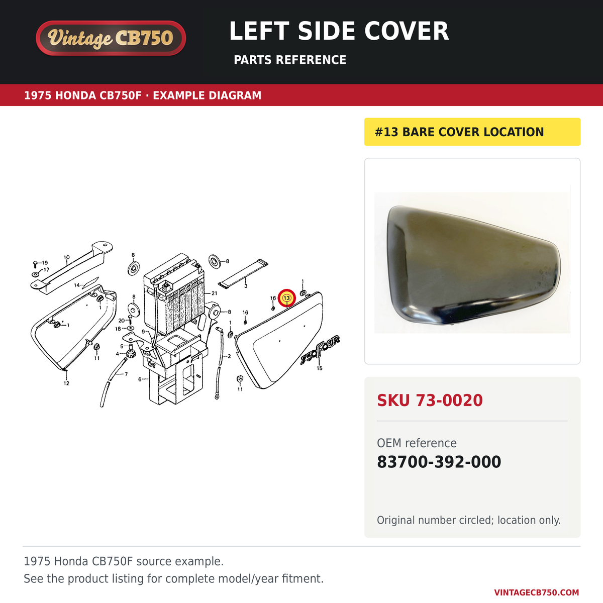 Honda CB750F left side cover CB750F 1975-76 83700-392-000 — OEM fiche location reference