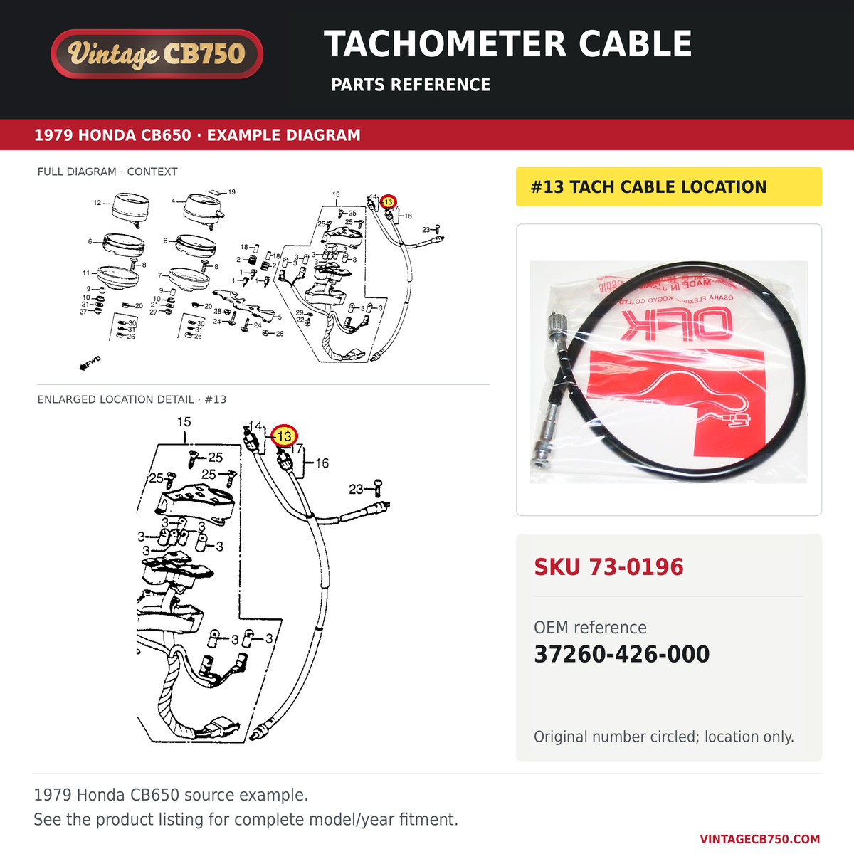 Honda CB650 CB650C tachometer cable 37260-426-000 — OEM fiche location reference