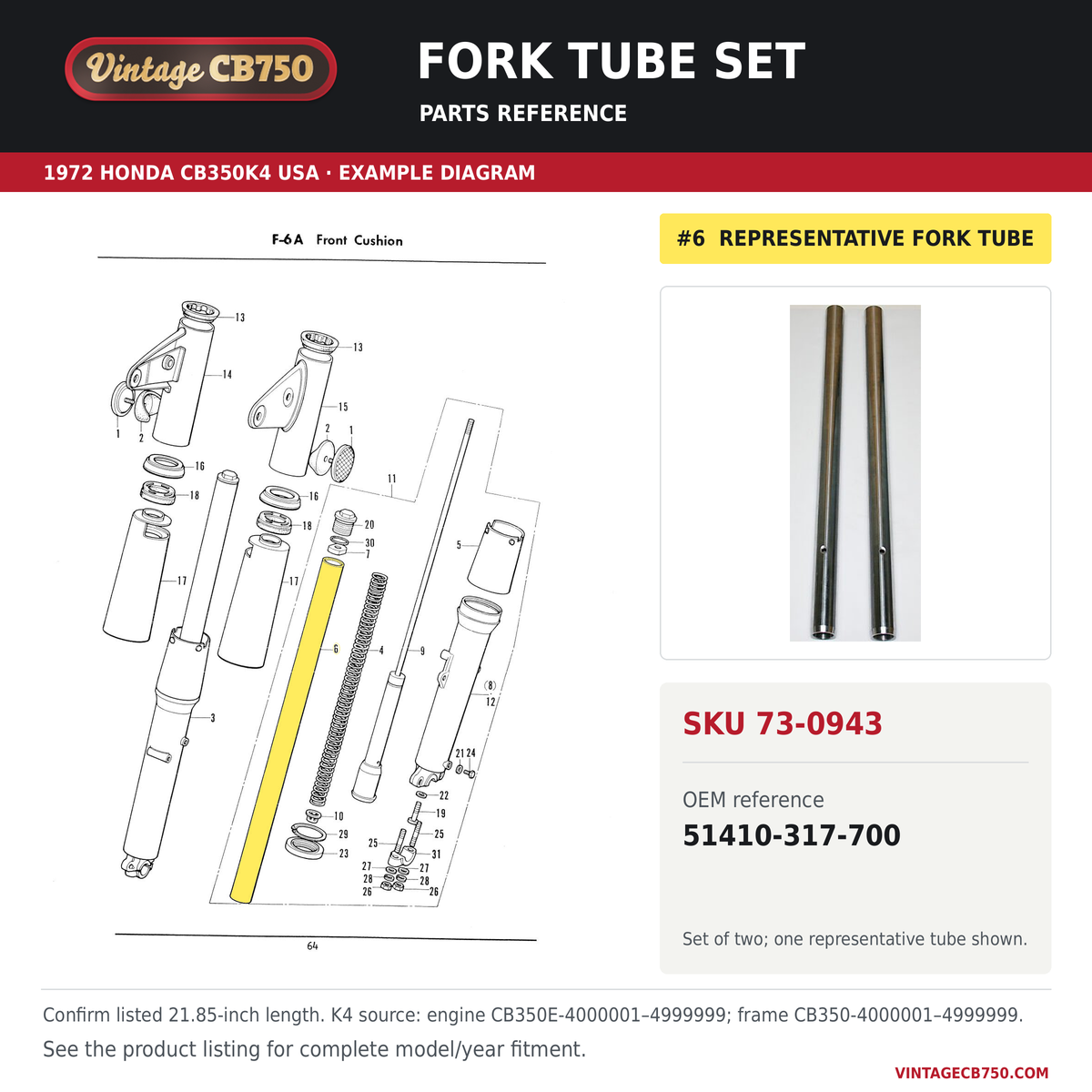 Honda CB350 CL350 fork tube set 51410-317-700 — OEM fiche location reference