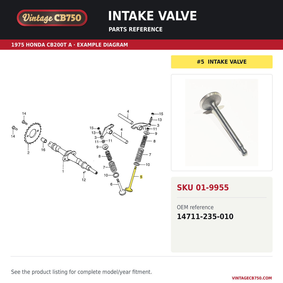 Intake valve parts fiche diagram, SKU 01-9955, highlighted reference 5