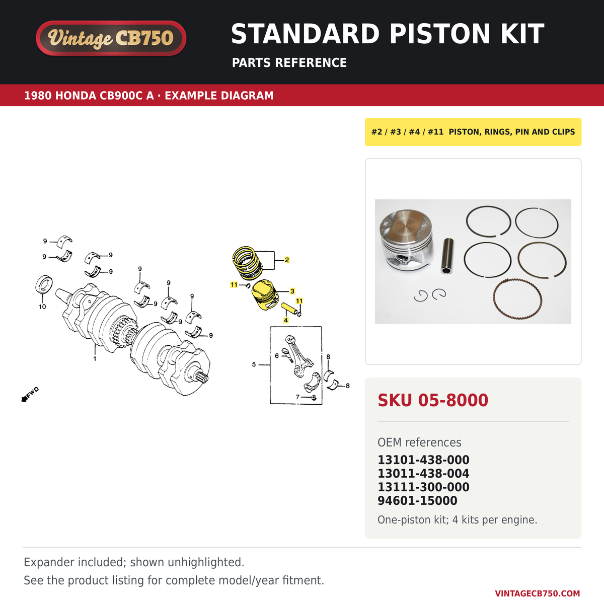 Standard piston kit parts fiche diagram, SKU 05-8000, highlighted reference 2 / 3 / 4 / 11