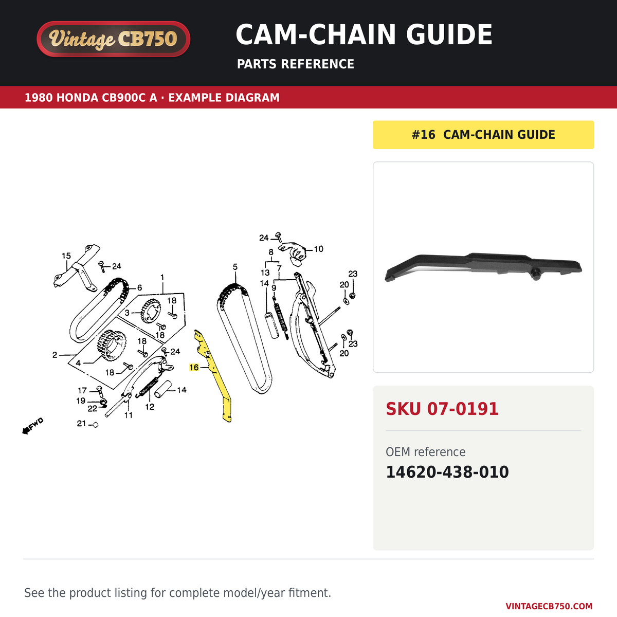 Cam-chain guide parts fiche diagram, SKU 07-0191, highlighted reference 16