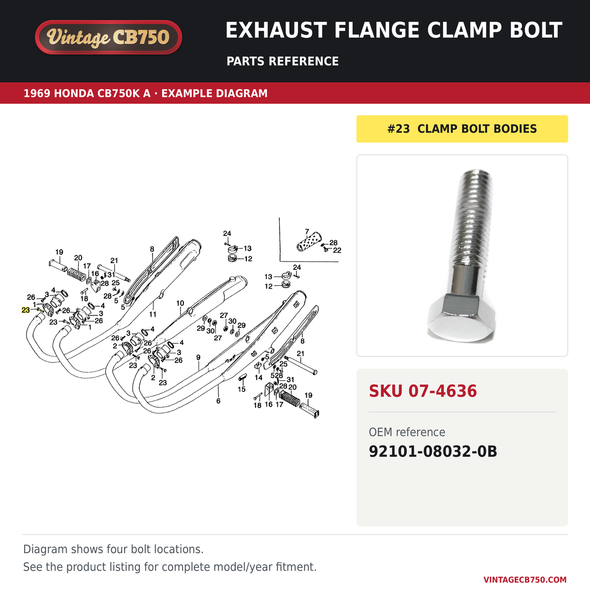 Exhaust flange clamp bolt parts fiche diagram, SKU 07-4636