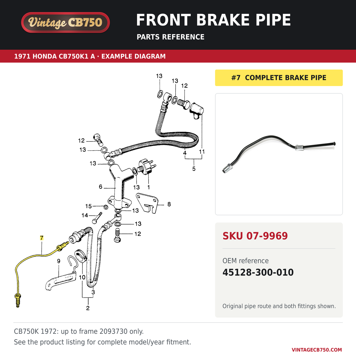 Front brake pipe parts fiche diagram, SKU 07-9969, highlighted reference 7
