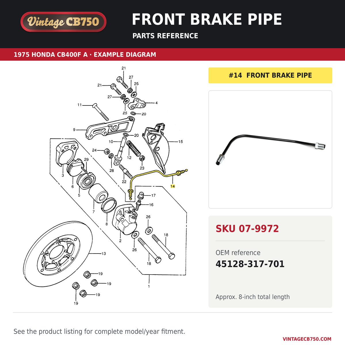 Front brake pipe parts fiche diagram, SKU 07-9972, highlighted reference 14