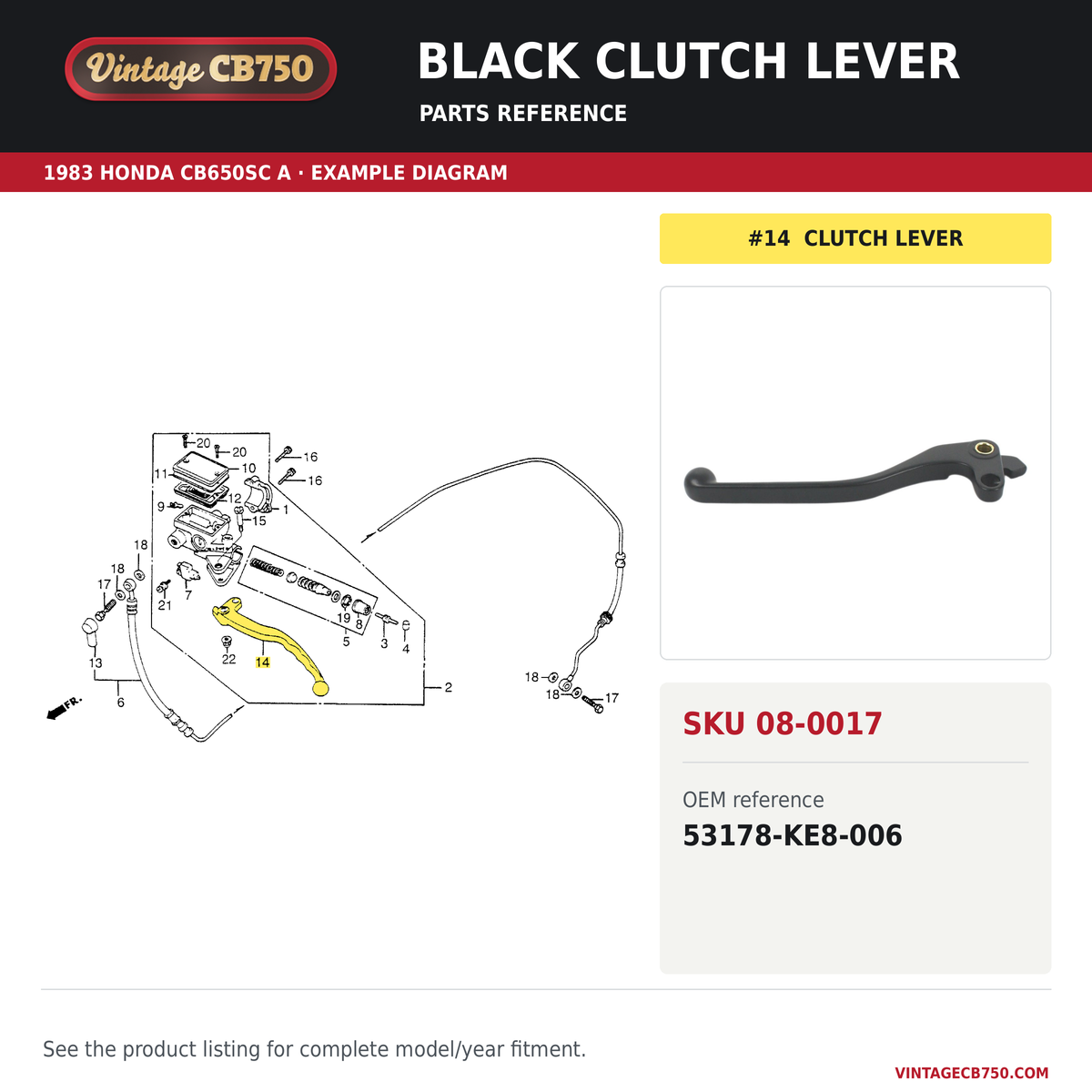 Black clutch lever parts fiche diagram, SKU 08-0017, highlighted reference 14